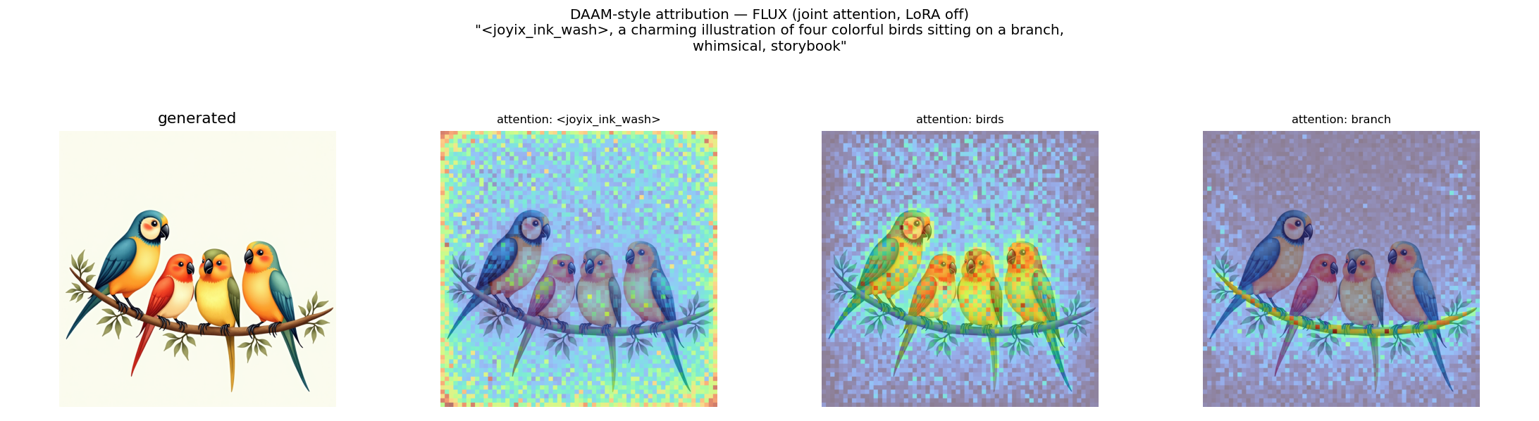 FLUX attention attribution, LoRA off (baseline): four birds on a branch in plain base-model style, with the same birds/branch localisation and diffuse trigger