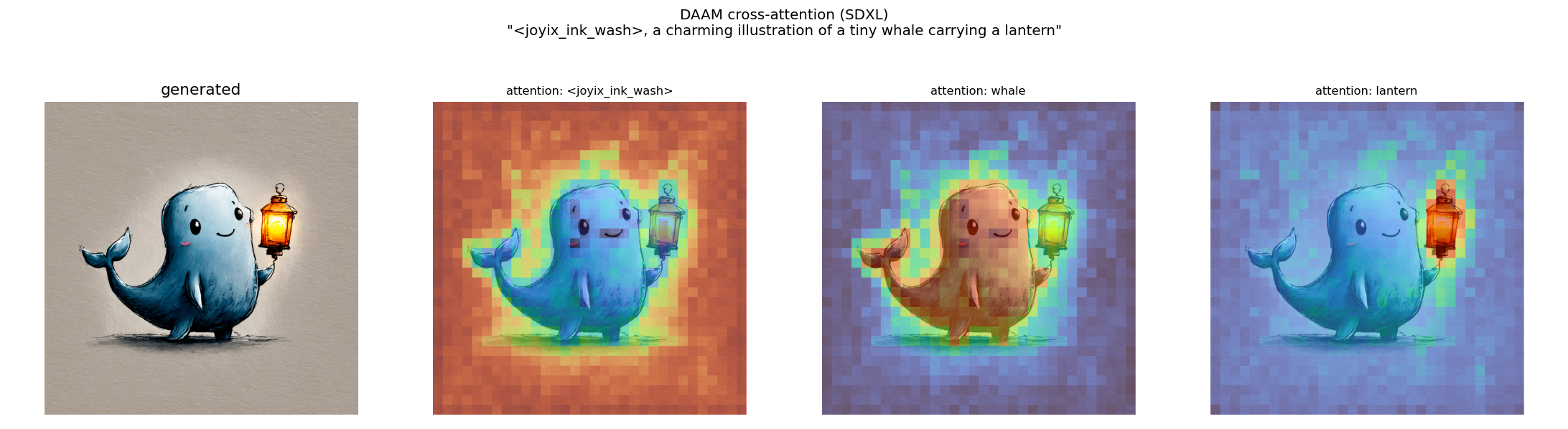 SDXL attention attribution, LoRA on: the generated whale-with-lantern, then per-token heatmaps — the trigger diffuse across the canvas, "whale" on the whale, "lantern" on the lantern
