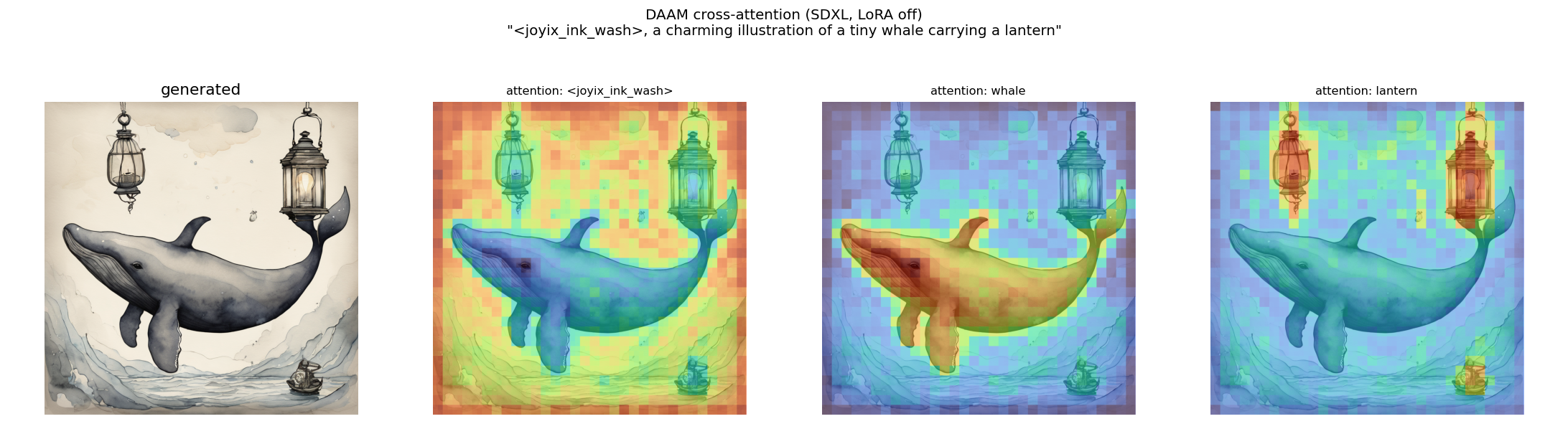 SDXL attention attribution, LoRA off (baseline): the same prompt in plain base-model style, with near-identical attention maps — trigger diffuse, whale/lantern localised