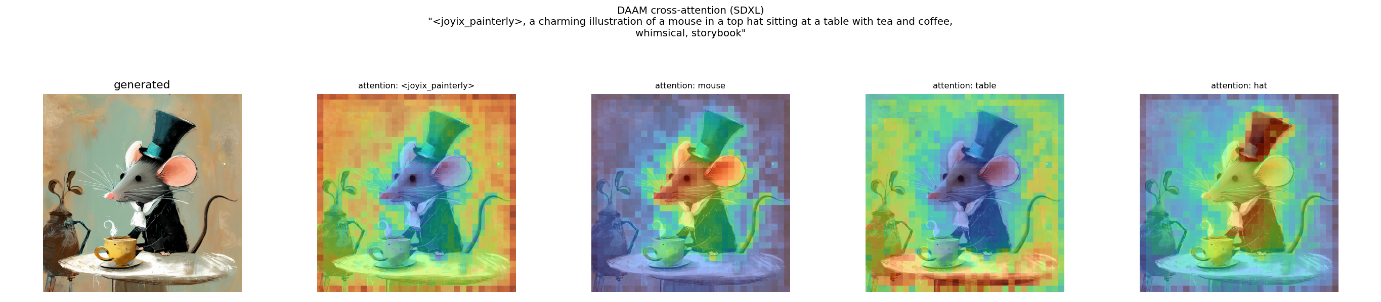 painterly SDXL attention attribution, LoRA on: an oil-painterly mouse in a top hat at a tea table, with per-token heatmaps — trigger diffuse, mouse/table/hat localised