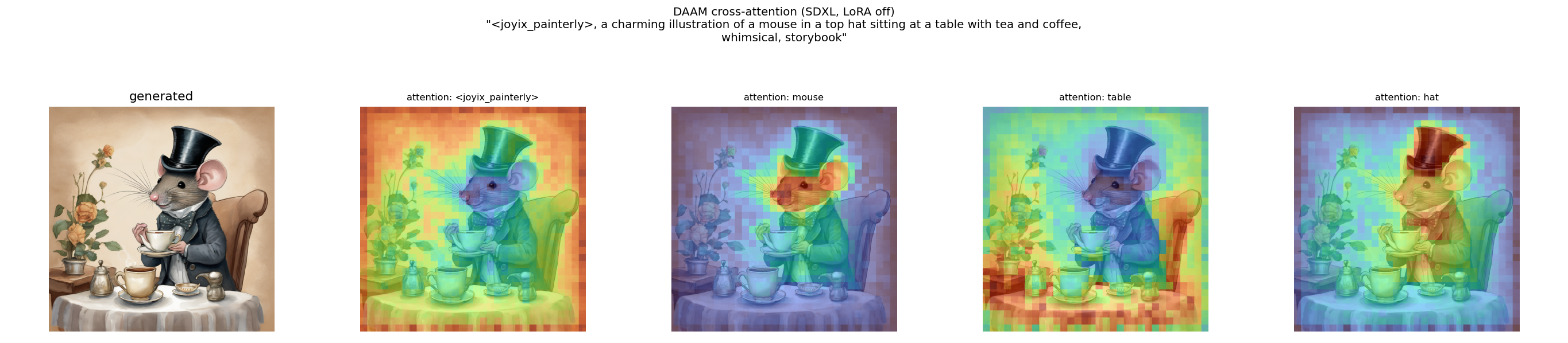 painterly SDXL attention attribution, LoRA off (baseline): the same prompt in plain base-model style, with near-identical attention maps