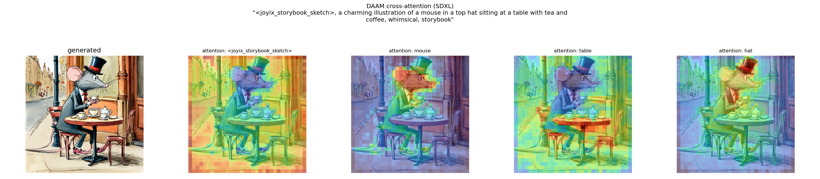 storybook_sketch SDXL attention attribution, LoRA on: a pen-and-ink storybook mouse in a top hat at a cafe table, with per-token heatmaps — trigger diffuse, mouse/table/hat localised