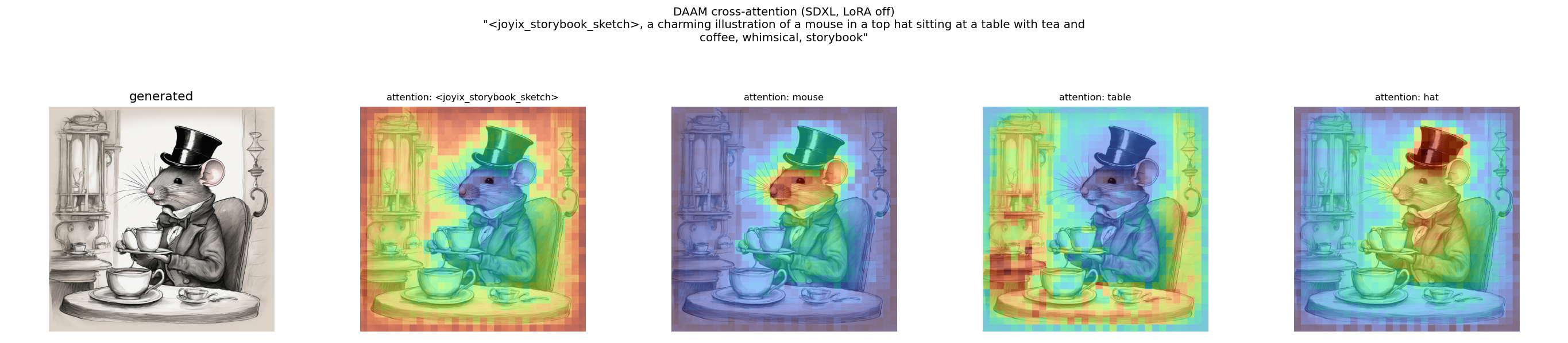 storybook_sketch SDXL attention attribution, LoRA off (baseline): the same prompt in plain base-model style, with near-identical attention maps