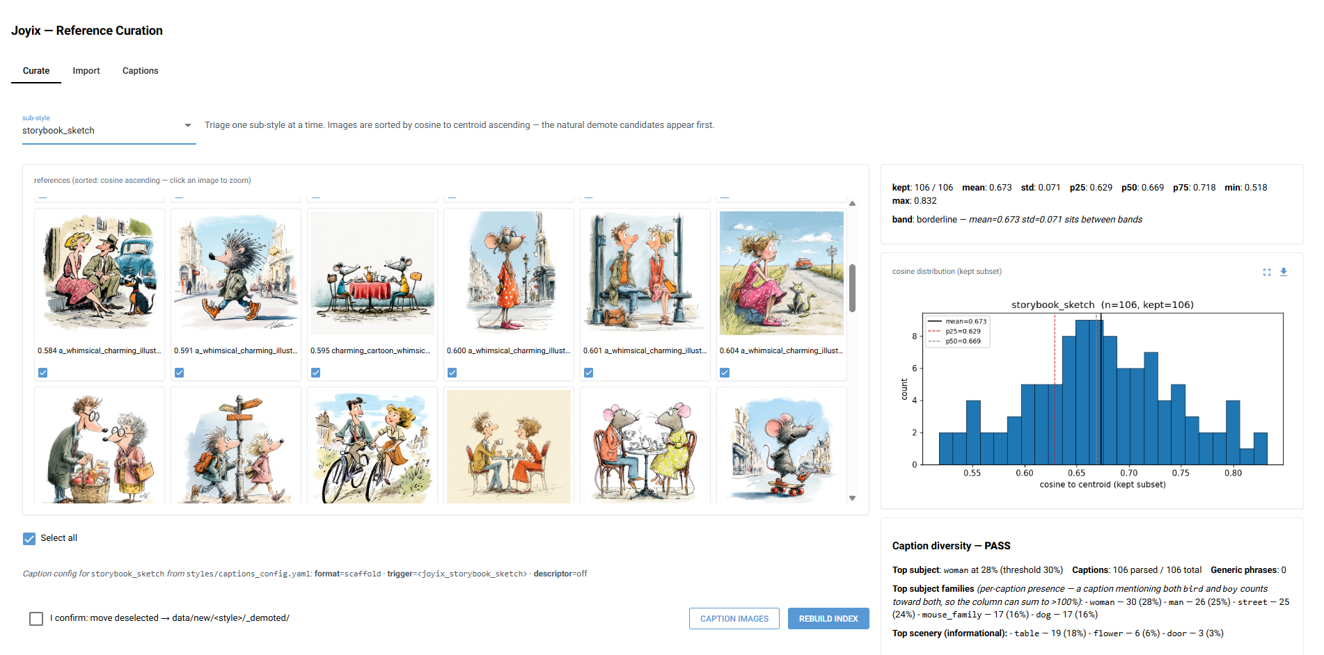 Reference-curation UI for storybook_sketch: reference thumbnails labelled with DINOv2 cosine-to-centroid, the folder's intra-set histogram with mean and p25/p10/p5 markers, and a caption-diversity PASS panel