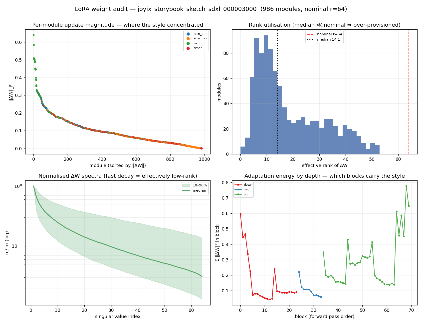 storybook_sketch SDXL weight audit (rank 64, its shipped tensor) — same shape: up-block MLPs dominate, low effective rank